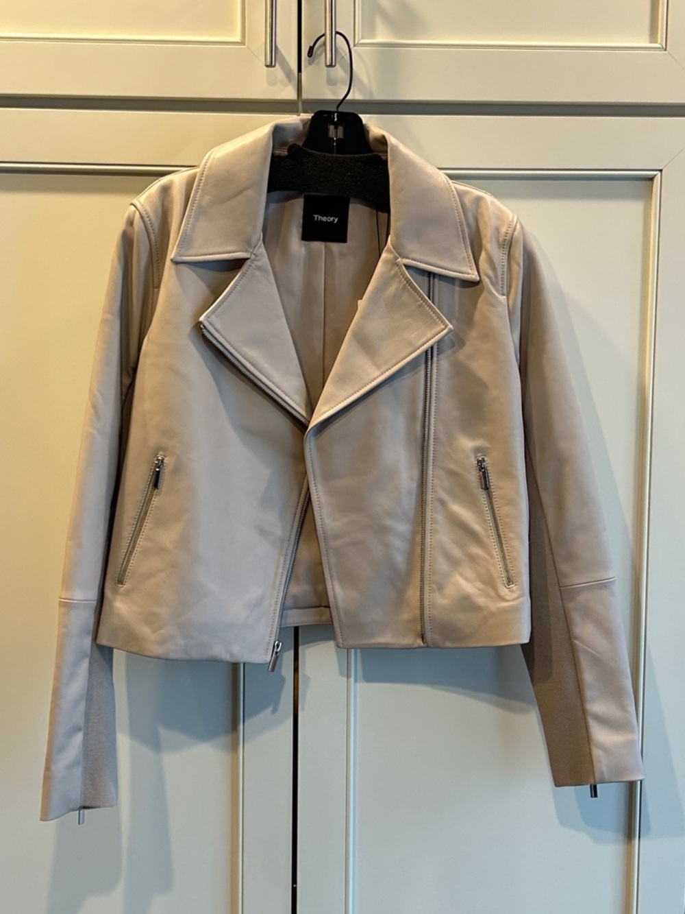 Theory Leather Moto Jacket in color STONE